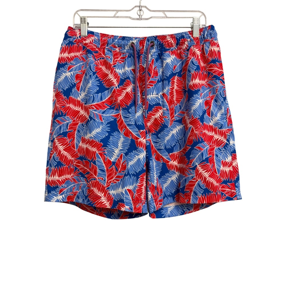 Members Mark Mens Resort Swim Trunks Red Blue Tropical Palm Leaf Medium Beach